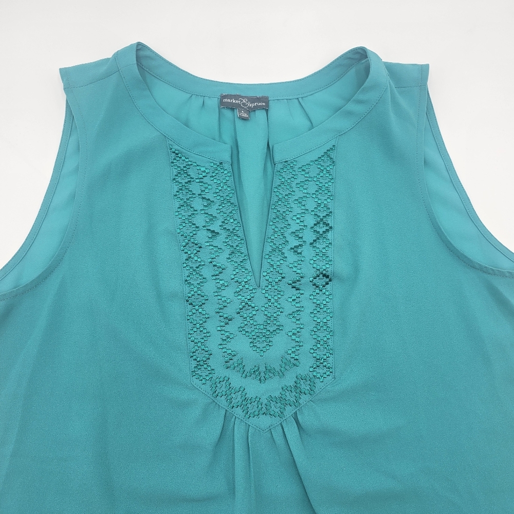 Market & Spruce Womens Green Sleeveless Embroidered Notch V-Neck Top L - Picture 2 of 12